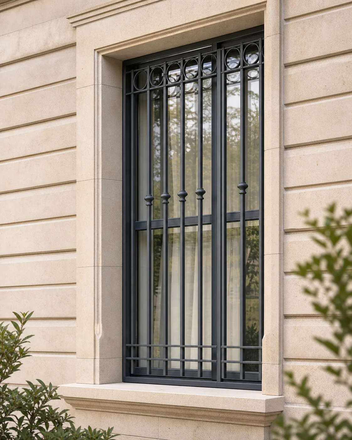 Hero Barreaudage et grilles de protection Fenêtre sécurisée par un barreaudage en acier anthracite sur une façade en pierre