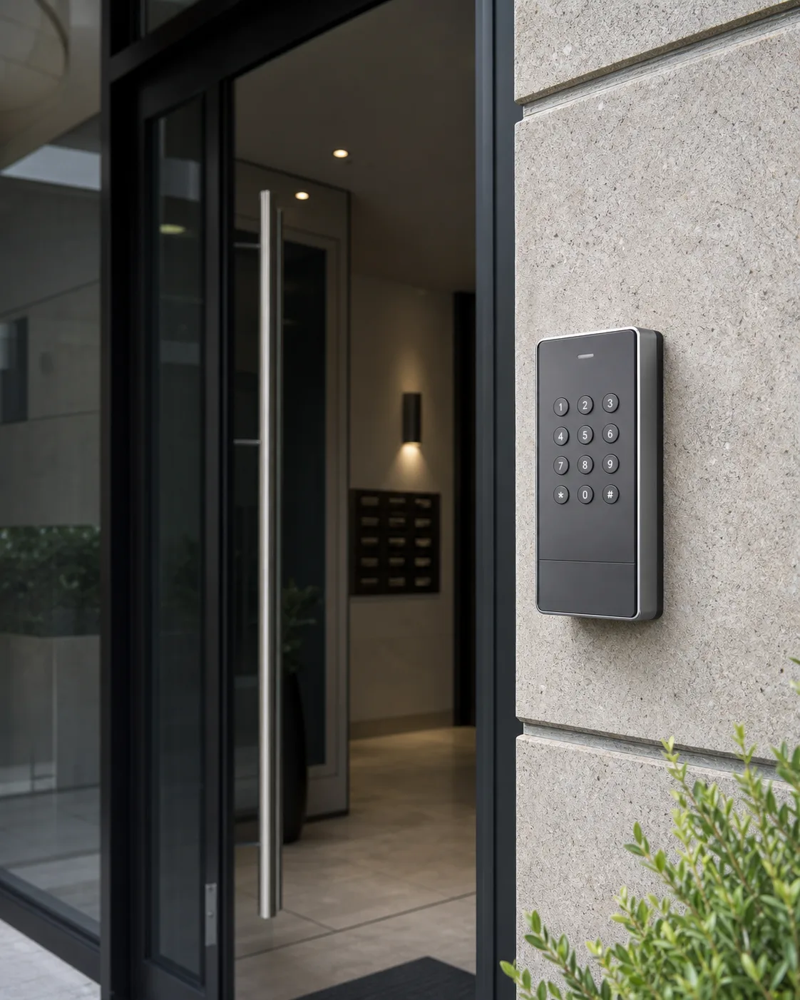 Clavier à code installé à l’entrée d’un immeuble contemporain