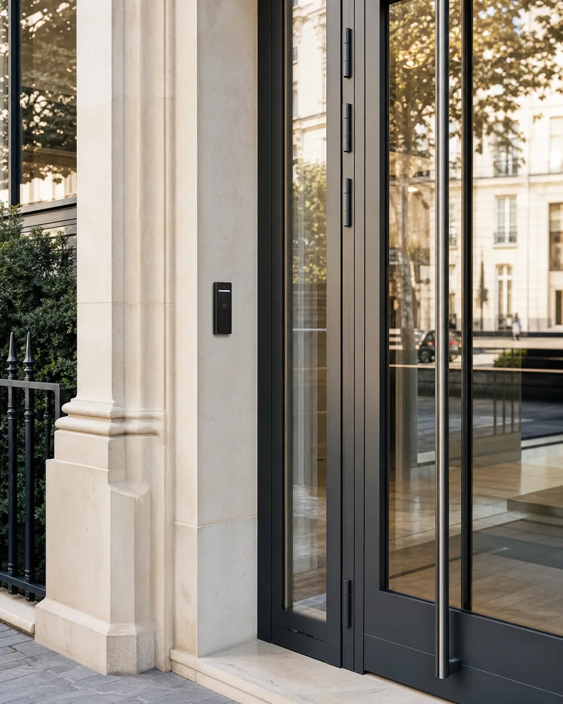 Contrôle d’accès installé sur une entrée contemporaine