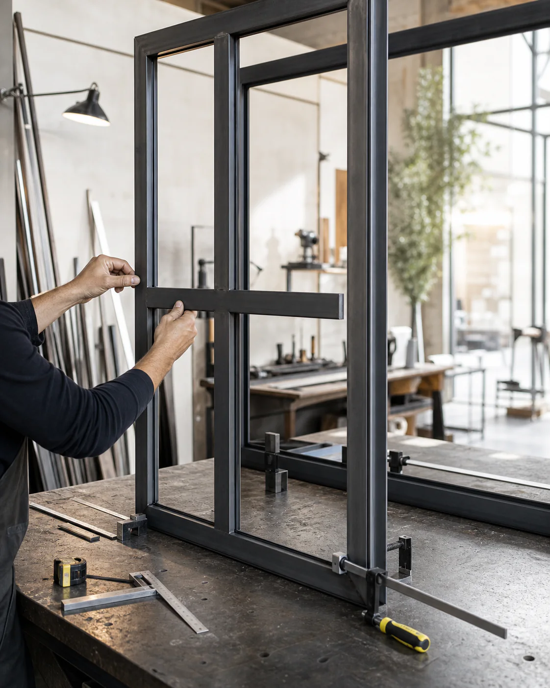 Ouvrage en acier anthracite assemblé sur mesure dans un atelier de métallerie