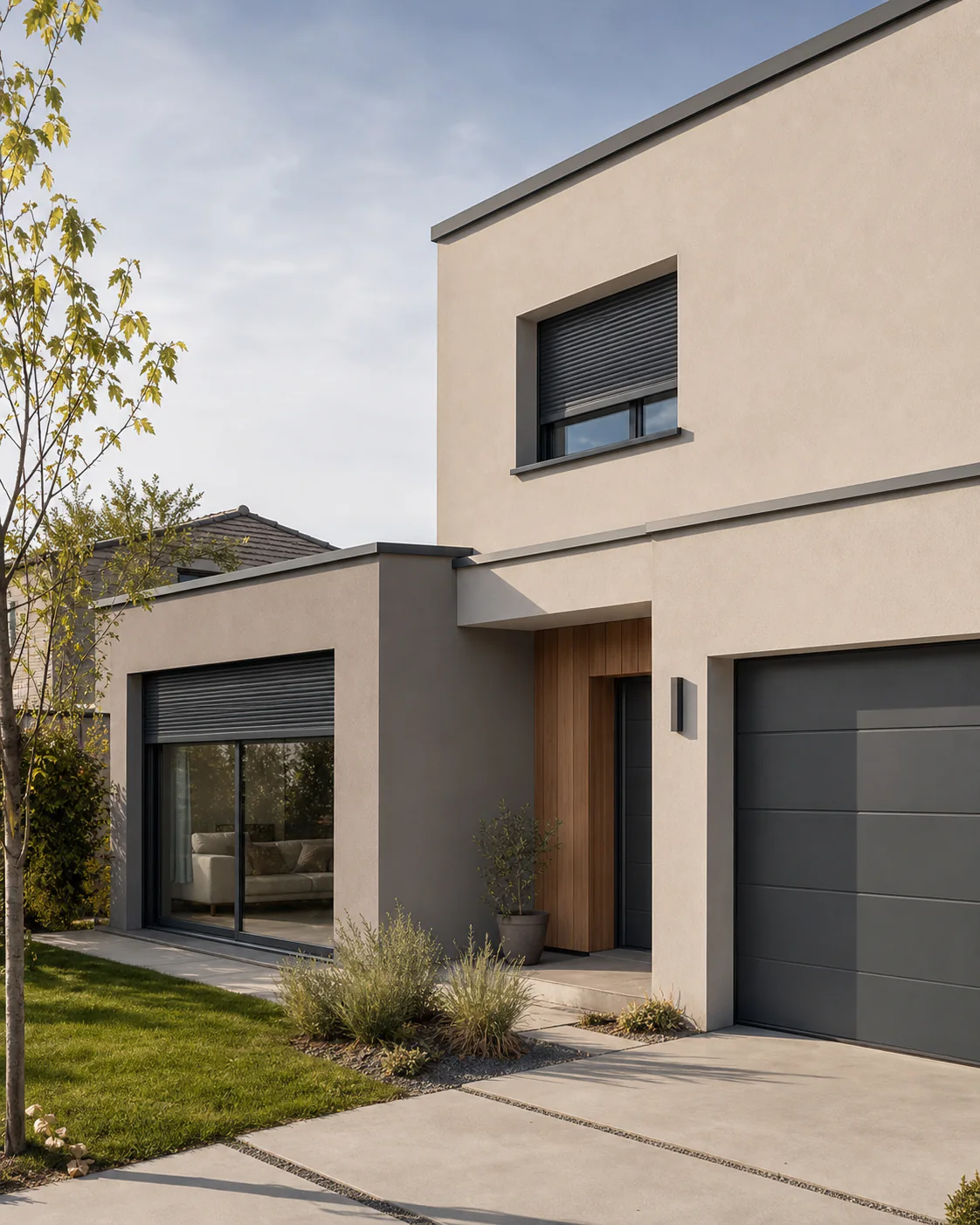 Façade contemporaine équipée de fenêtres, volets roulants et porte de garage