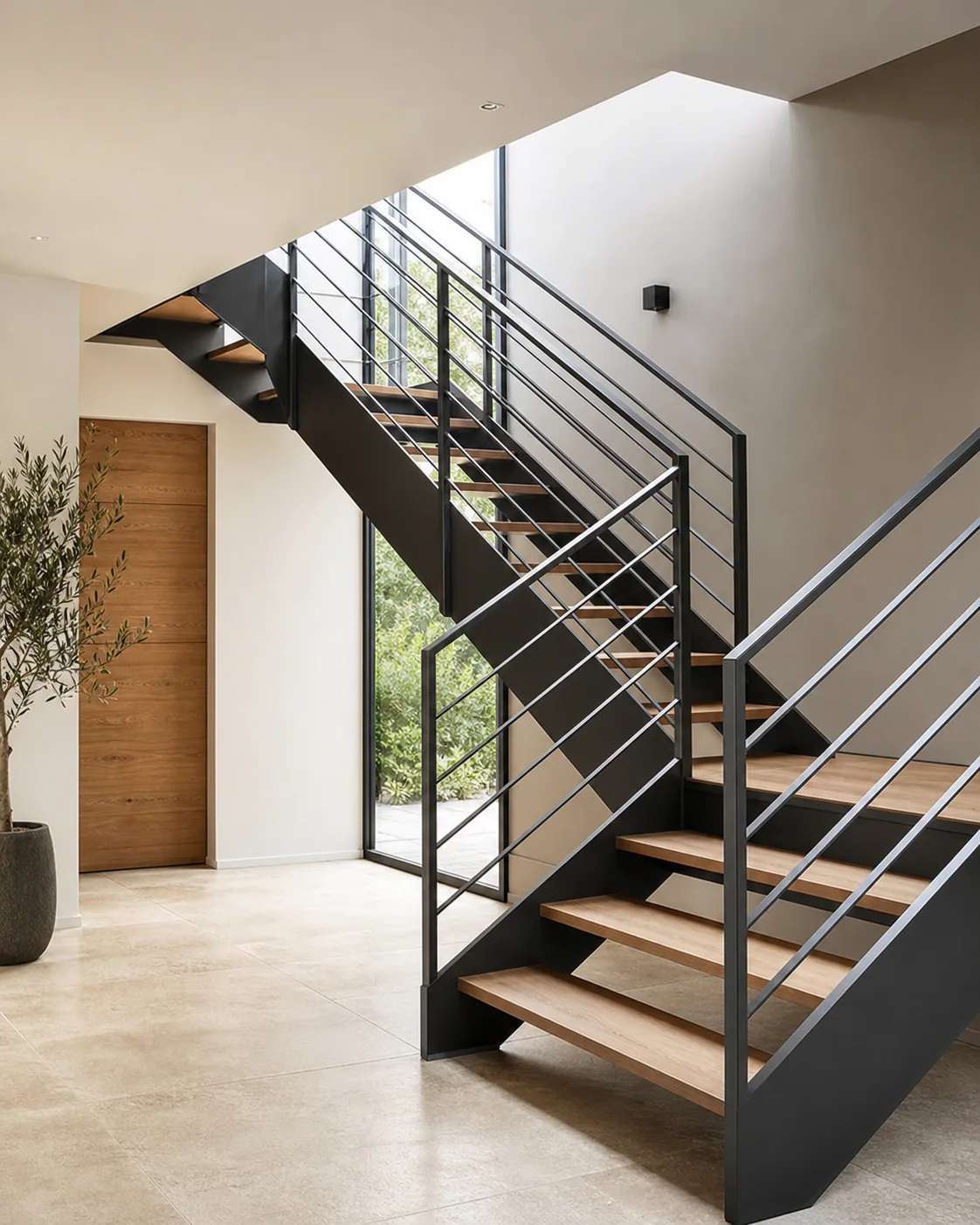 Escalier contemporain avec garde-corps en acier anthracite réalisé sur mesure
