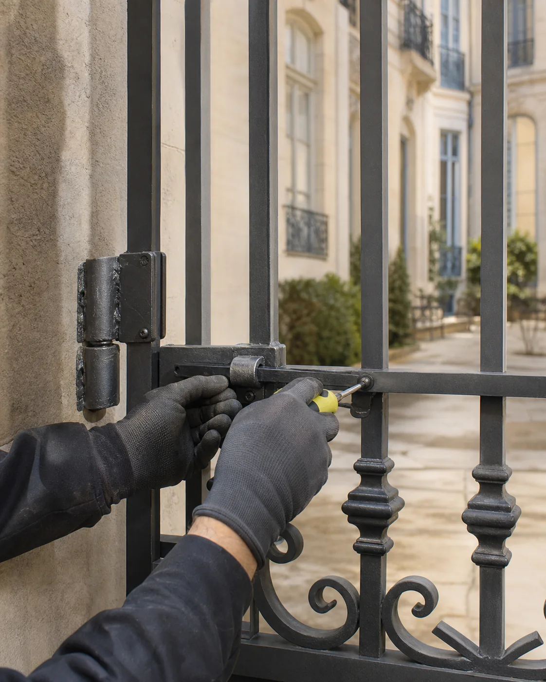 Réglage et réparation d’un portail métallique dans une cour d’immeuble