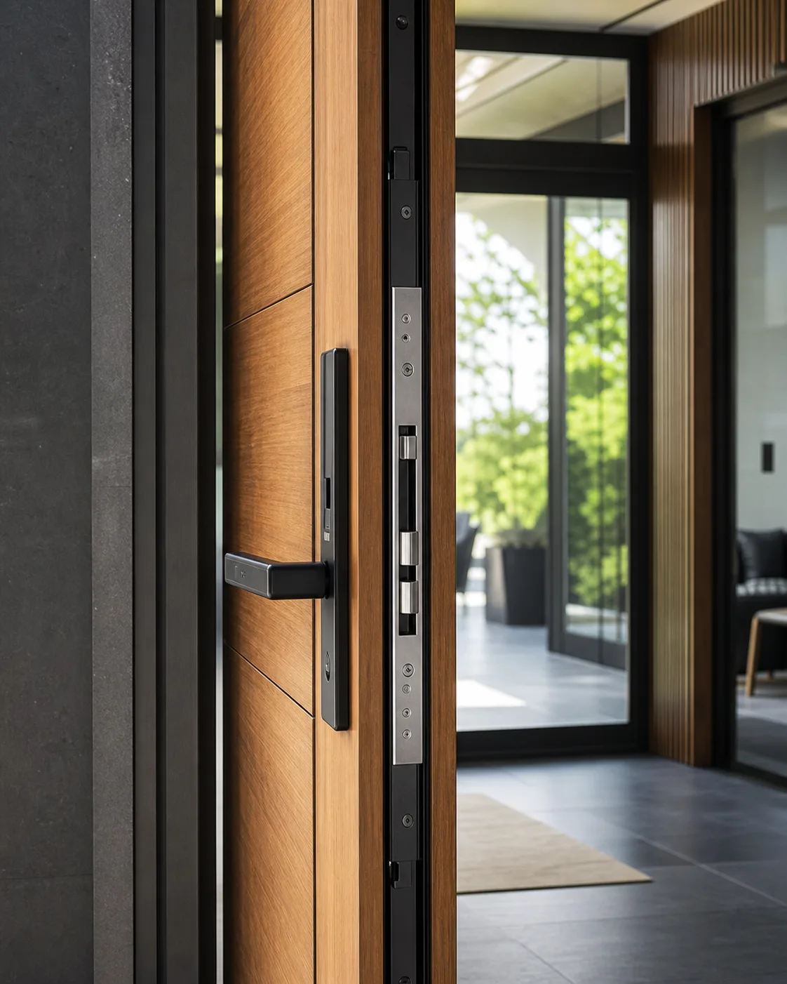 Serrure motorisée multipoints intégrée à une porte d’entrée