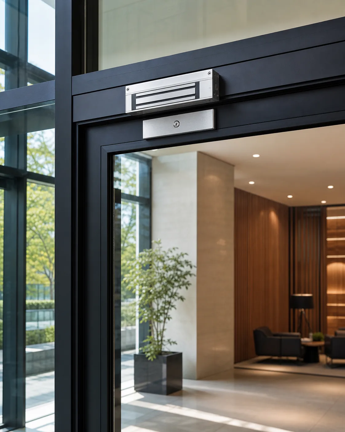 Ventouse électromagnétique posée sur une porte vitrée contemporaine